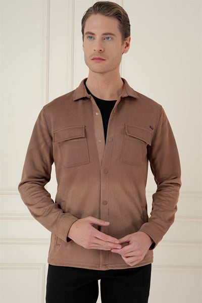 Slim Fit Yan Cep Degrade Desenli Çıtçıtlı Pamuklu Camel Gömlek Ceket G 1578