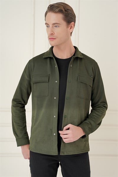 Slim Fit Yan Cep Degrade Desenli Çıtçıtlı Pamuklu Haki Gömlek Ceket G 1578