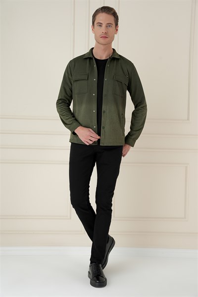 Slim Fit Yan Cep Degrade Desenli Çıtçıtlı Pamuklu Haki Gömlek Ceket G 1578