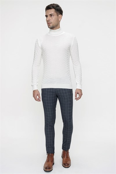 Slim Fit Yan Cep Esnek Pamuk Kareli Dokuma Lacivert Pantolon P 1082