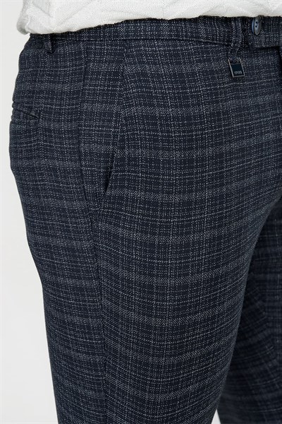 Slim Fit Yan Cep Esnek Pamuk Kareli Dokuma Lacivert Pantolon P 1082