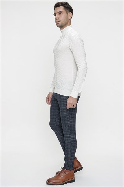 Slim Fit Yan Cep Esnek Pamuk Kareli Dokuma Lacivert Pantolon P 1082