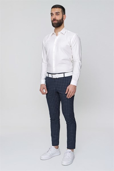 Slim Fit Yan Cep Esnek Pamuk Kareli Lacivert Pantolon P 1083