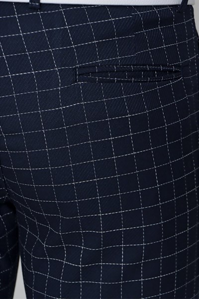 Slim Fit Yan Cep Esnek Pamuk Kareli Lacivert Pantolon P 1083
