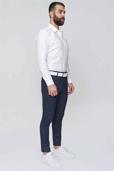 Slim Fit Yan Cep Esnek Pamuk Kareli Lacivert Pantolon P 1083