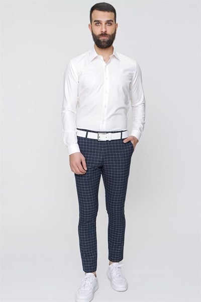 Slim Fit Yan Cep Esnek Pamuk Kareli Lacivert Pantolon P 1083