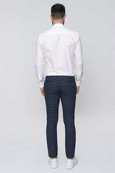 Slim Fit Yan Cep Esnek Pamuk Kareli Lacivert Pantolon P 1083