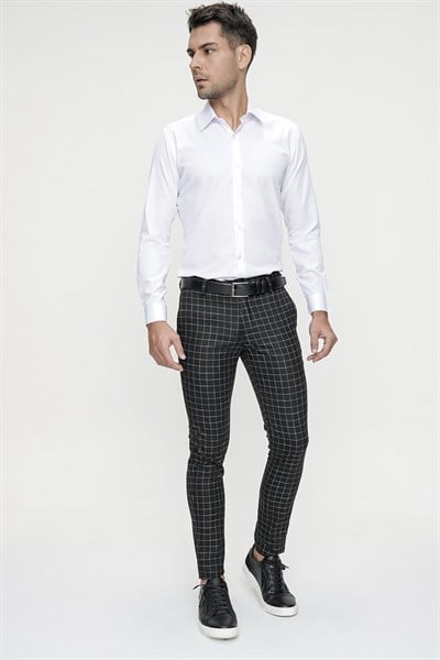 Slim Fit Yan Cep Esnek Pamuk Kareli Siyah Pantolon P 1083