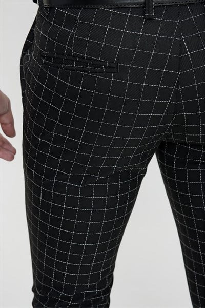 Slim Fit Yan Cep Esnek Pamuk Kareli Siyah Pantolon P 1083