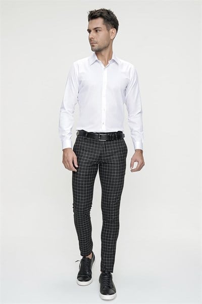 Slim Fit Yan Cep Esnek Pamuk Kareli Siyah Pantolon P 1083