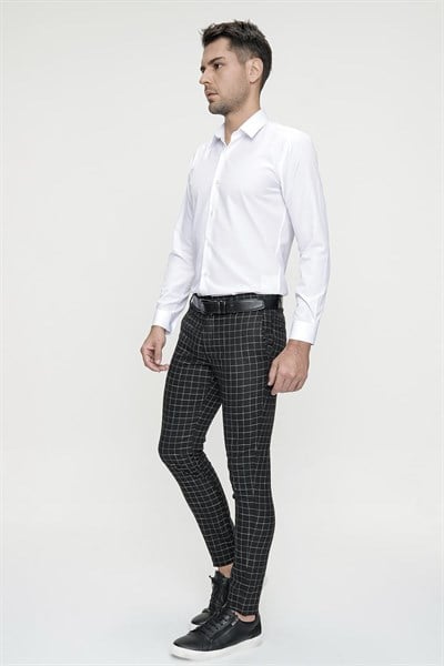 Slim Fit Yan Cep Esnek Pamuk Kareli Siyah Pantolon P 1083