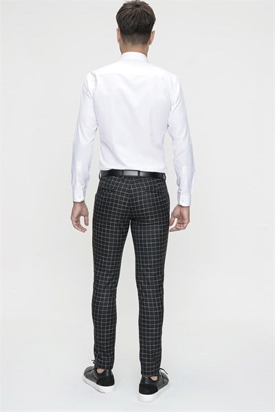 Slim Fit Yan Cep Esnek Pamuk Kareli Siyah Pantolon P 1083