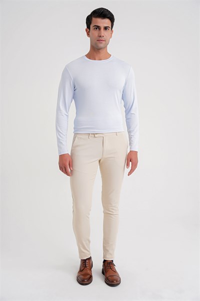 Slim Fit Yan Cep Esnek Pamuklu Bej Kanvas Pantolon P 1124
