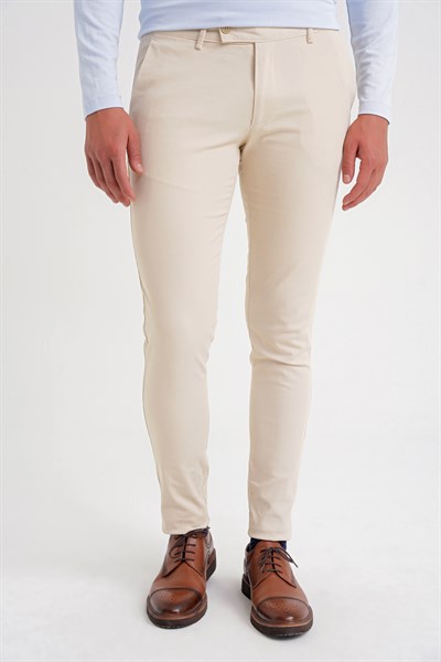 Slim Fit Yan Cep Esnek Pamuklu Bej Kanvas Pantolon P 1124