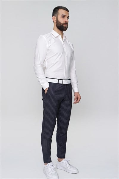 Slim Fit Yan Cep Esnek Yünlü Çizgili Lacivert Kumaş Pantolon P 1081