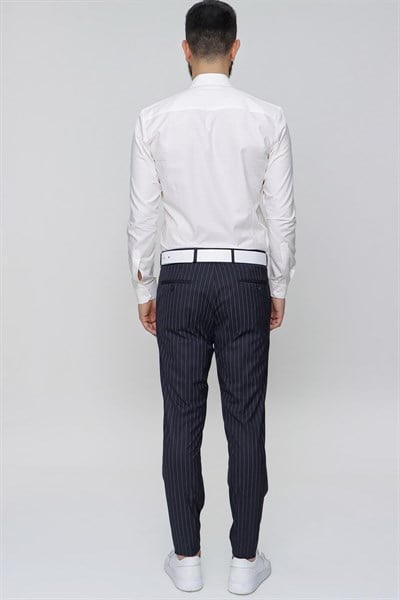 Slim Fit Yan Cep Esnek Yünlü Çizgili Lacivert Kumaş Pantolon P 1081