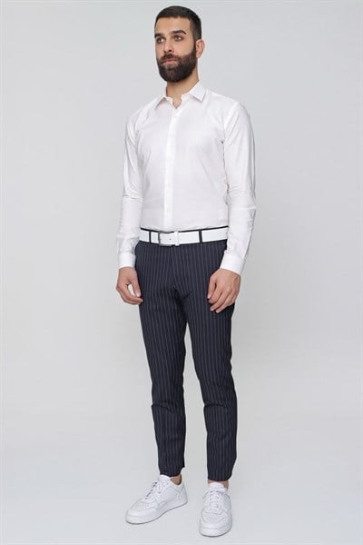 Slim Fit Yan Cep Esnek Yünlü Çizgili Lacivert Kumaş Pantolon P 1081