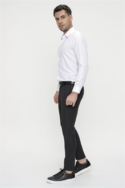 Slim Fit Yan Cep Esnek Yünlü Çizgili Siyah Kumaş Pantolon P 1081