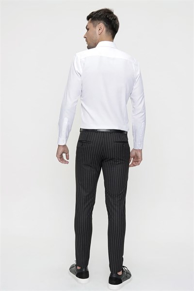 Slim Fit Yan Cep Esnek Yünlü Çizgili Siyah Kumaş Pantolon P 1081