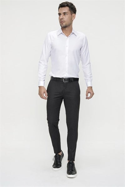 Slim Fit Yan Cep Esnek Yünlü Çizgili Siyah Kumaş Pantolon P 1081