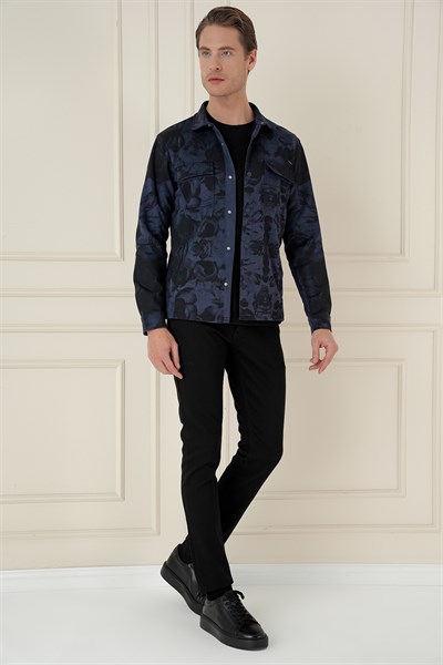Slim Fit Yan Cep Etnik Desenli Çıtçıtlı Pamuklu Lacivert Gömlek Ceket G 1578