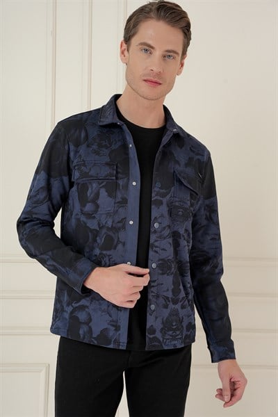 Slim Fit Yan Cep Etnik Desenli Çıtçıtlı Pamuklu Lacivert Gömlek Ceket G 1578