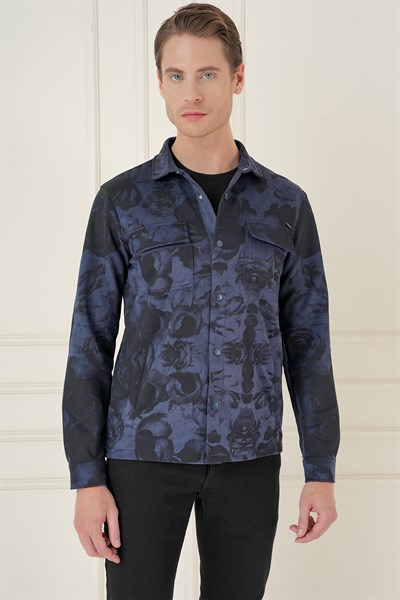 Slim Fit Yan Cep Etnik Desenli Çıtçıtlı Pamuklu Lacivert Gömlek Ceket G 1578