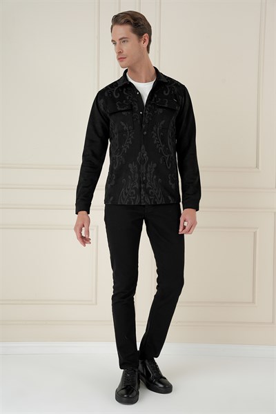 Slim Fit Yan Cep Etnik Desenli Çıtçıtlı Pamuklu Siyah Gömlek Ceket G 1578