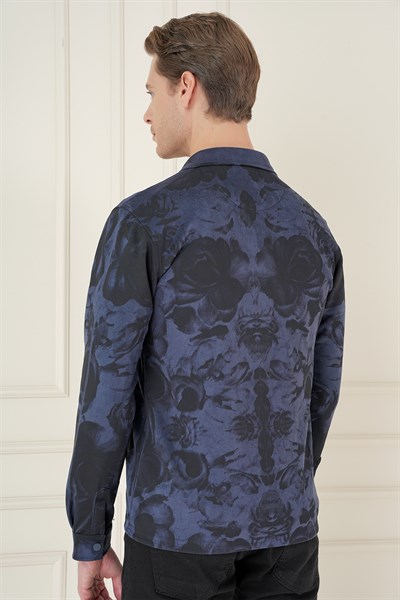 Slim Fit Yan Cep Etnik Desenli Çıtçıtlı Pamuklu Lacivert Gömlek Ceket G 1578