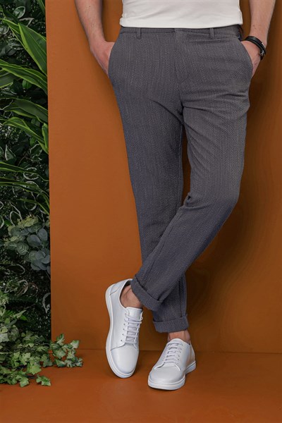 Slim Fit Yan Cepli %97 Pamuklu Gofre Kumaş Çizgili Füme Pantolon P 1113