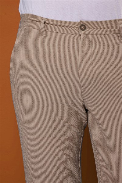 Slim Fit Yan Cepli %97 Pamuklu Gofre Kumaş Çizgili Bej Pantolon P 1113