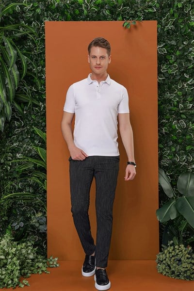 Slim Fit Yan Cepli %97 Pamuklu Gofre Kumaş Çizgili Siyah Pantolon P 1113