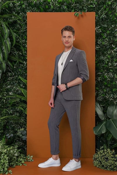 Slim Fit Yan Cepli %97 Pamuklu Gofre Kumaş Çizgili Füme Pantolon P 1113
