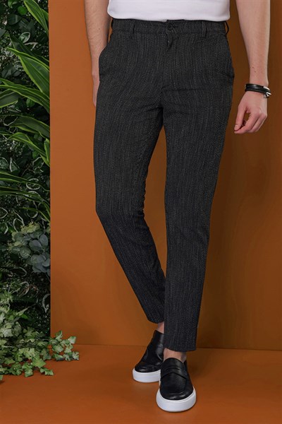Slim Fit Yan Cepli %97 Pamuklu Gofre Kumaş Çizgili Siyah Pantolon P 1113