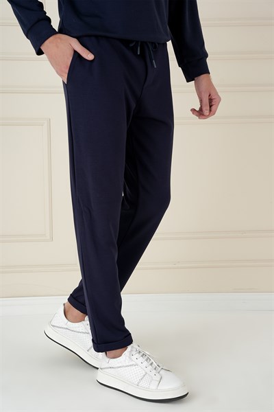 Slim Fit Yan Cepli Beli İpli %97 Pamuk Lacivert Jogger Pantolon ATP 033