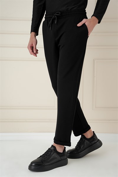Slim Fit Yan Cepli Beli İpli %97 Pamuk Siyah Jogger Pantolon ATP 033