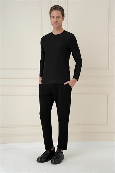 Slim Fit Yan Cepli Beli İpli %97 Pamuk Siyah Jogger Pantolon ATP 033