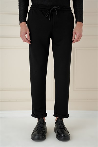 Slim Fit Yan Cepli Beli İpli %97 Pamuk Siyah Jogger Pantolon ATP 033