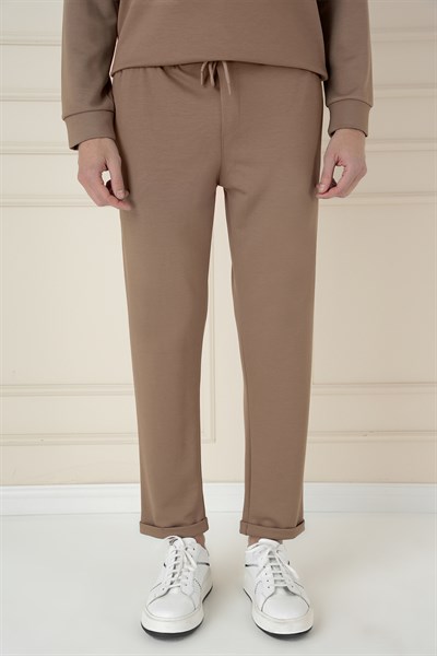 Slim Fit Yan Cepli Beli İpli %97 Pamuk Vizon Jogger Pantolon ATP 033