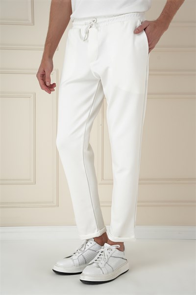 Slim Fit Yan Cepli Beli İpli %97 Pamuk Beyaz Jogger Pantolon ATP 033