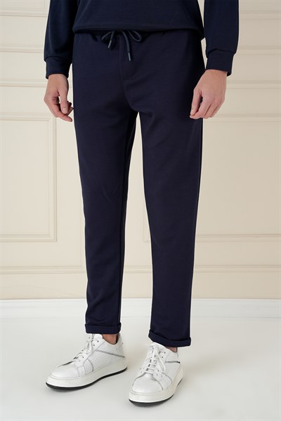 Slim Fit Yan Cepli Beli İpli %97 Pamuk Lacivert Jogger Pantolon ATP 033