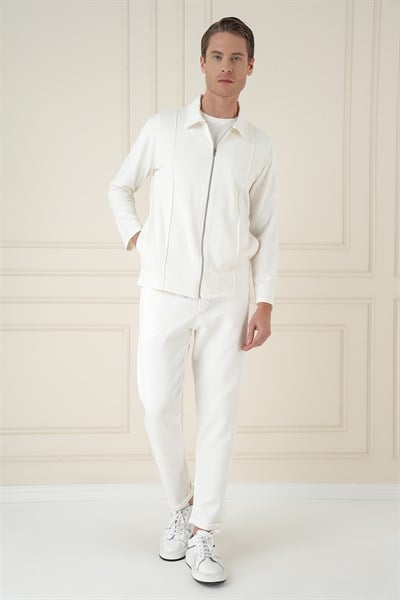 Slim Fit Yan Cepli Beli İpli %97 Pamuk Beyaz Jogger Pantolon ATP 033