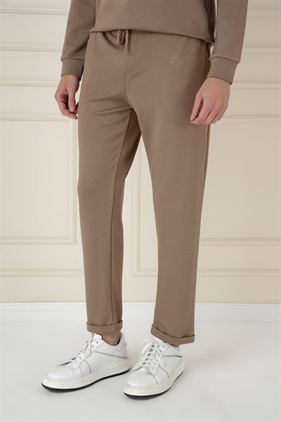 Slim Fit Yan Cepli Beli İpli %97 Pamuk Vizon Jogger Pantolon ATP 033