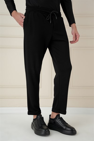 Slim Fit Yan Cepli Beli İpli %97 Pamuk Siyah Jogger Pantolon ATP 033