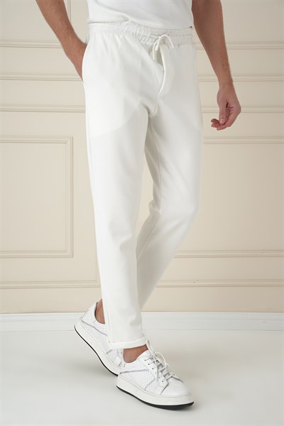 Slim Fit Yan Cepli Beli İpli %97 Pamuk Beyaz Jogger Pantolon ATP 033