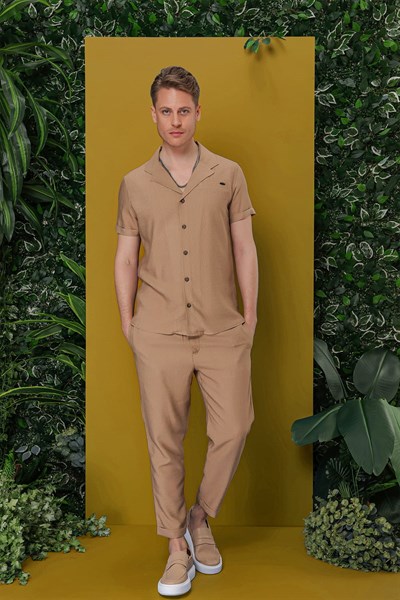 Slim Fit Yan Cepli Beli İpli Keten Camel Jogger Pantolon ATP 031