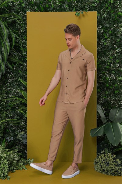 Slim Fit Yan Cepli Beli İpli Keten Camel Jogger Pantolon ATP 031