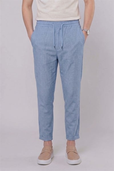 Slim Fit Yan Cepli Beli İpli Keten Mavi Jogger Pantolon ATP 031
