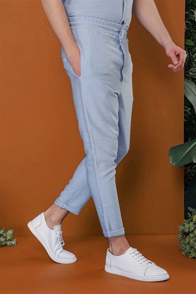 Slim Fit Yan Cepli Beli İpli Keten Mavi Jogger Pantolon ATP 031