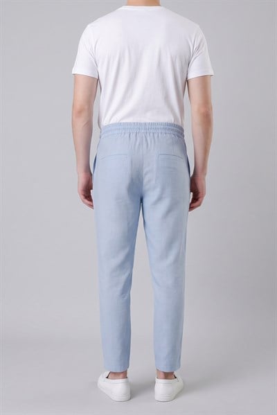 Slim Fit Yan Cepli Beli İpli Keten Mavi Jogger Pantolon ATP 031